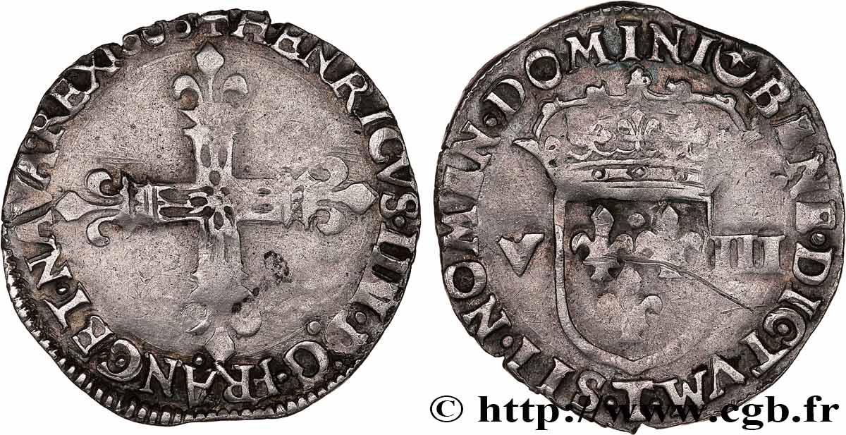 HENRY IV Huitième d écu, croix bâtonnée et fleurdelisée de face 1608 Nantes q.BB