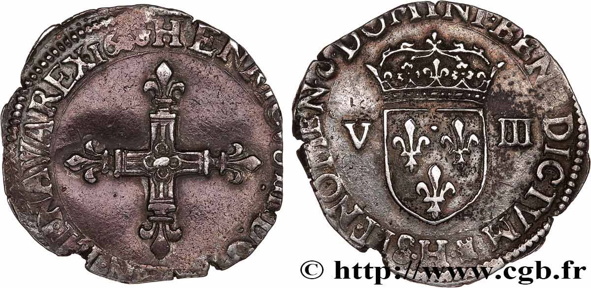HENRI IV LE GRAND Huitième d écu, croix bâtonnée et fleurdelisée de face 1608 La Rochelle TTB