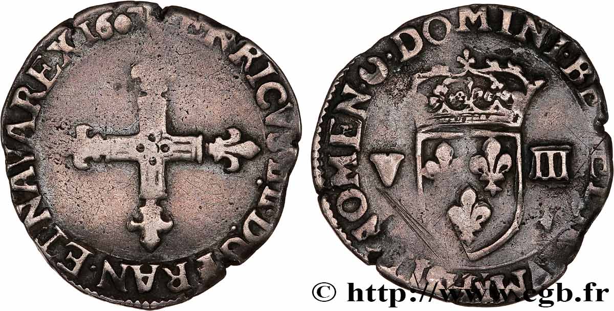 HENRY IV Huitième d écu, croix bâtonnée et fleurdelisée de face 1607 La Rochelle VF