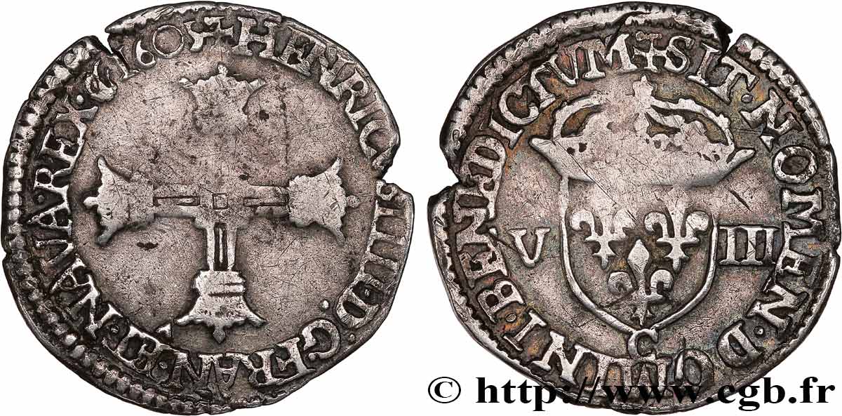 HENRY IV Huitième d écu, croix bâtonnée et couronnée de face 1605 Saint-Lô q.BB