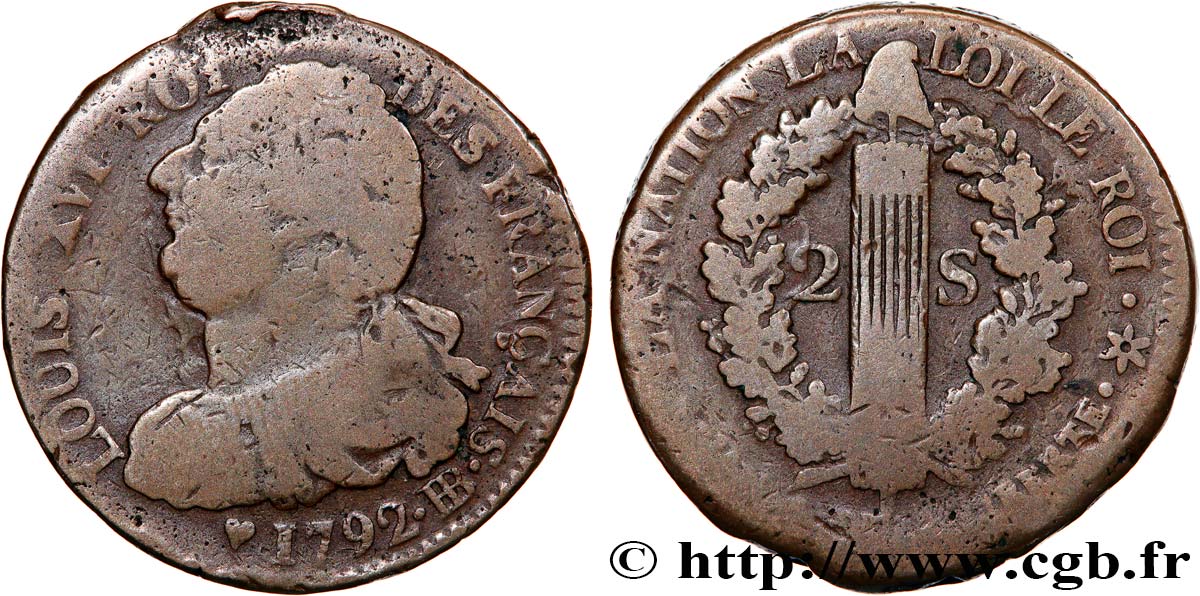 LOUIS XVI (MONARQUE CONSTITUTIONNEL) 2 sols dit au faisceau , type FRANÇAIS 1792 Strasbourg TB