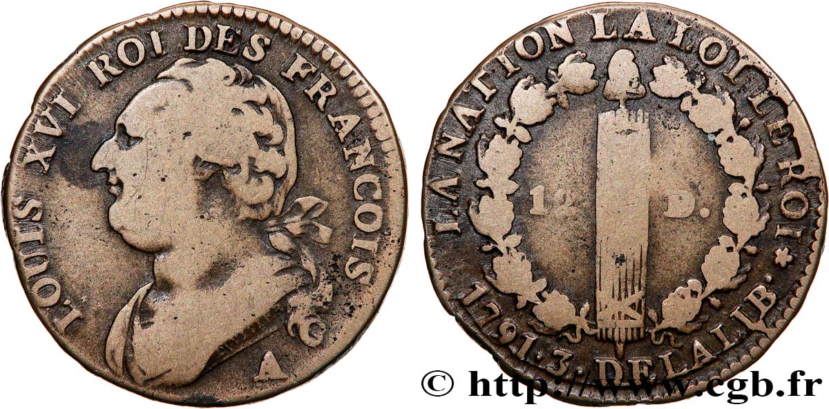 LOUIS XVI 12 deniers dit au faisceau , type FRANCOIS 1791 Paris, Monnaie du Louvre VF