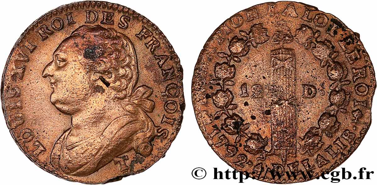 LOUIS XVI (MONARQUE CONSTITUTIONNEL) 12 deniers dit au faisceau , type FRANÇOIS 1792 Nantes TTB