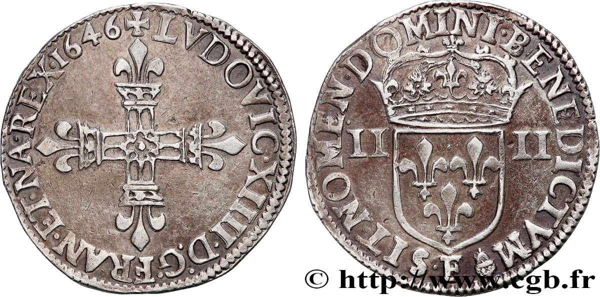 LOUIS XIV  THE SUN KING  Quart d écu, titulature côté croix 1646 Angers q.SPL
