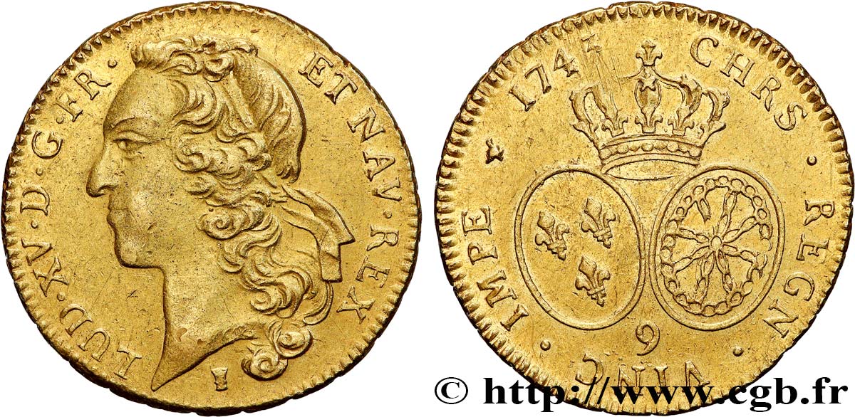 LOUIS XV THE BELOVED Double louis d’or aux écus ovales, tête ceinte d’un bandeau 1743 Rennes AU