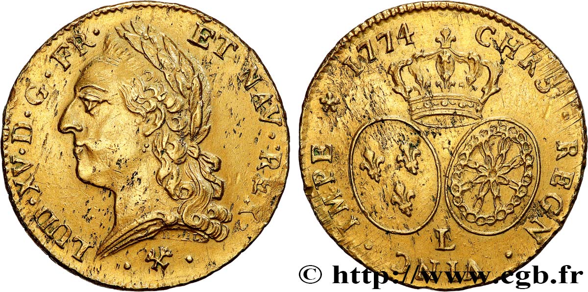 LOUIS XV  THE WELL-BELOVED  Double louis d or aux écus ovales, buste lauré 1774 Bayonne MBC+