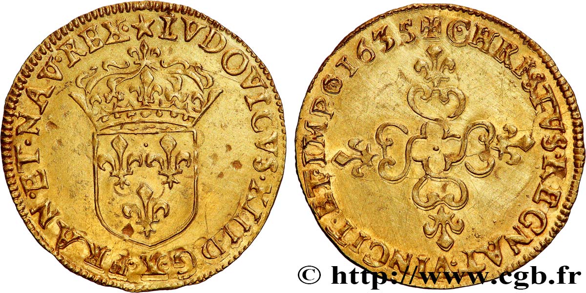LOUIS XIII  Écu d or au soleil, à la croix anillée fleurdelisée 1635 Amiens AU