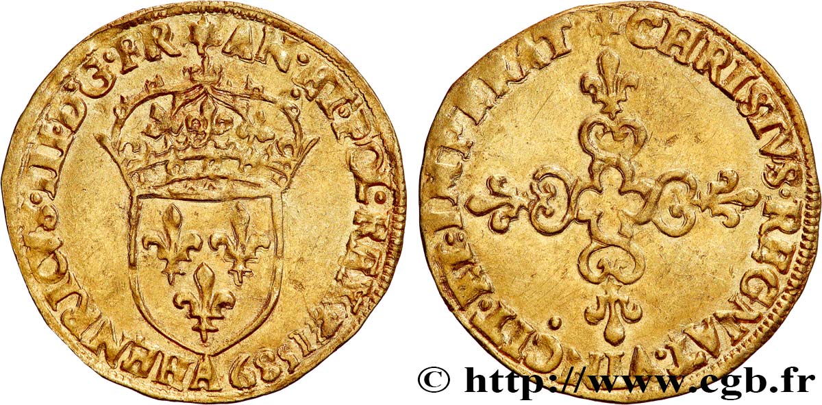 HENRI III Écu d or au soleil, 3e type 1589 Paris TTB+