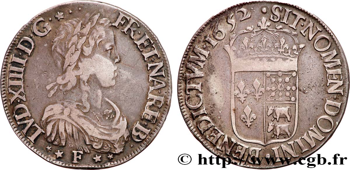 LOUIS XIV LE GRAND OU LE ROI SOLEIL Écu de Béarn, portrait à la mèche longue 1652 Pau TTB/TTB+