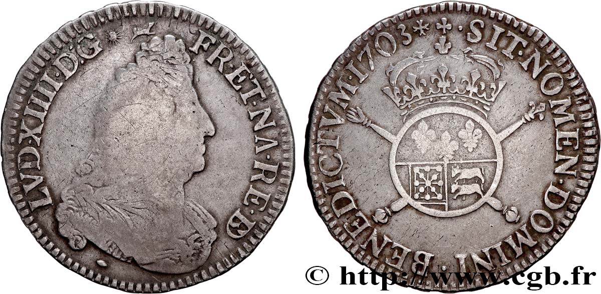 LOUIS XIV  THE SUN KING  Demi-écu de Béarn aux insignes 1703 Pau VF/XF