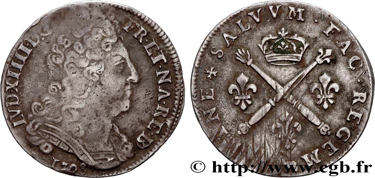 LOUIS XIV  THE SUN KING  20 sols aux insignes 1708 Pau BC+/MBC