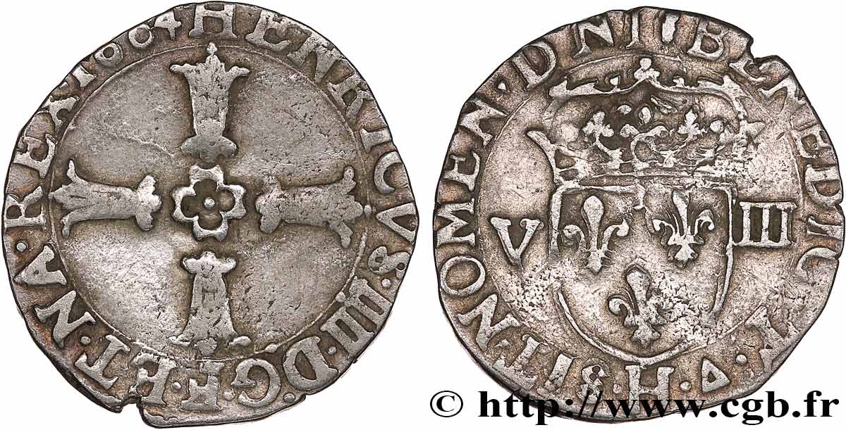 HENRI IV LE GRAND Huitième d écu, croix feuillue de face 1604 La Rochelle TB+