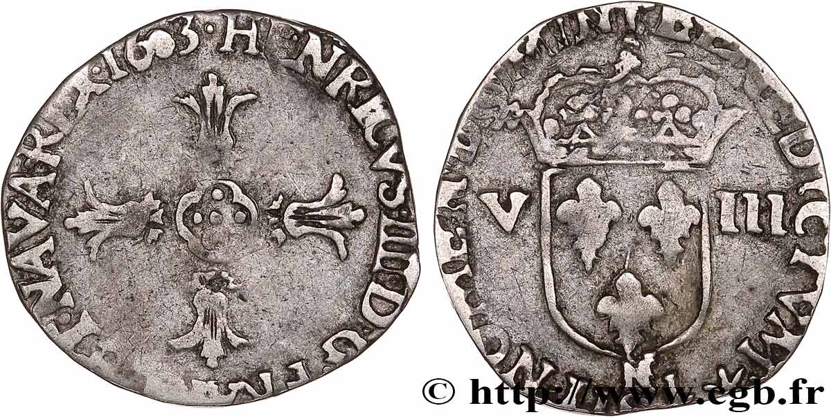 HENRY IV Huitième d écu, croix feuillue de face 1603 Montpellier q.BB