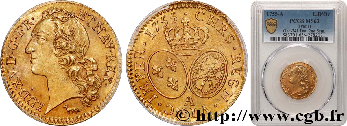 LOUIS XV  THE WELL-BELOVED  Louis d’or aux écus ovales, tête ceinte d’un bandeau 1755 Paris SC63