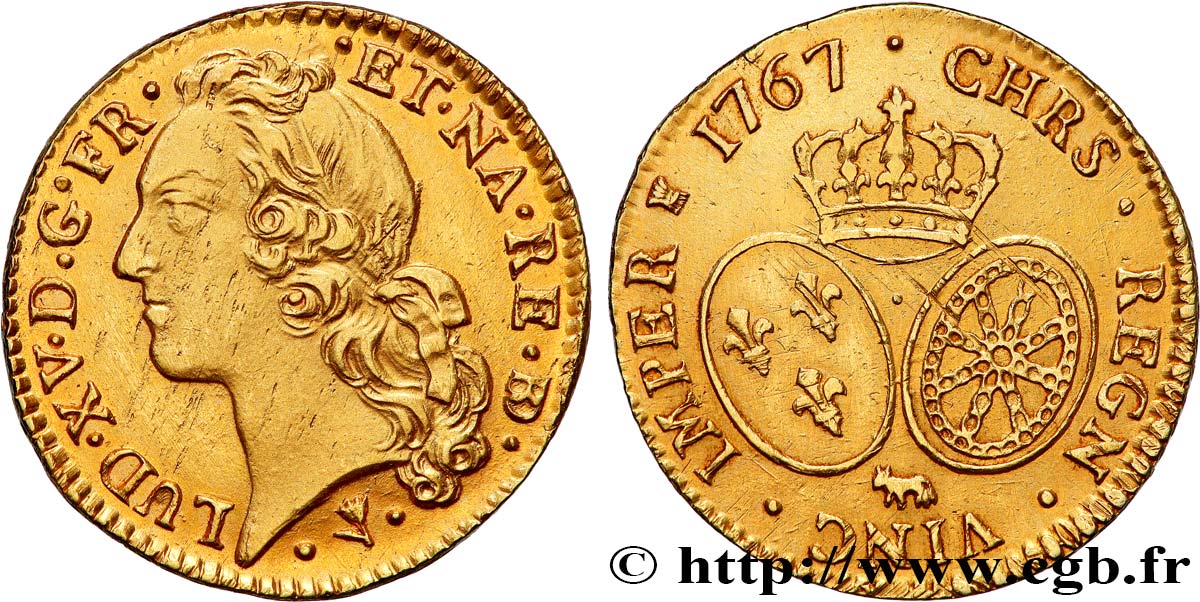LOUIS XV THE BELOVED Louis d’or aux écus ovales, tête ceinte d’un bandeau 1767 Pau AU