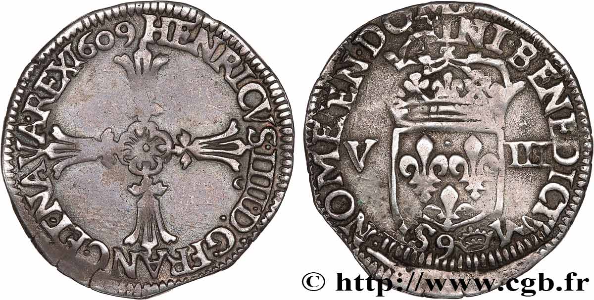 HENRY IV Huitième d écu, croix feuillue de face 1609 Rennes BB