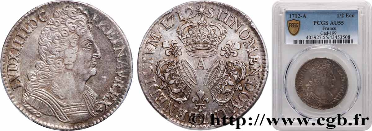 LOUIS XIV  THE SUN KING  Demi-écu aux trois couronnes 1712 Paris AU55