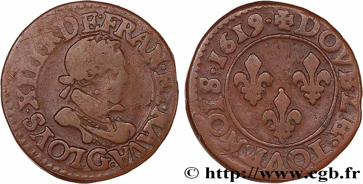 LOUIS XIII LE JUSTE Double tournois, type 2 de Poitiers 1619 Poitiers TB