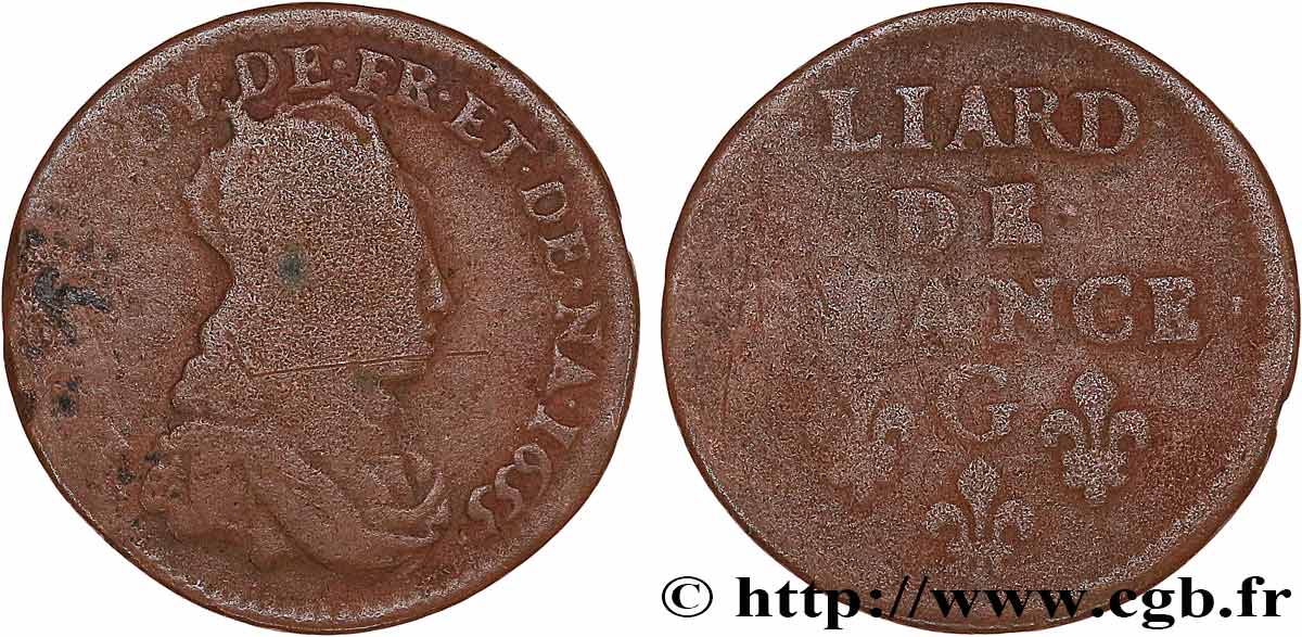LOUIS XIV LE GRAND OU LE ROI SOLEIL Liard de cuivre, 2e type 1655 Montreuil-Bonnin TB