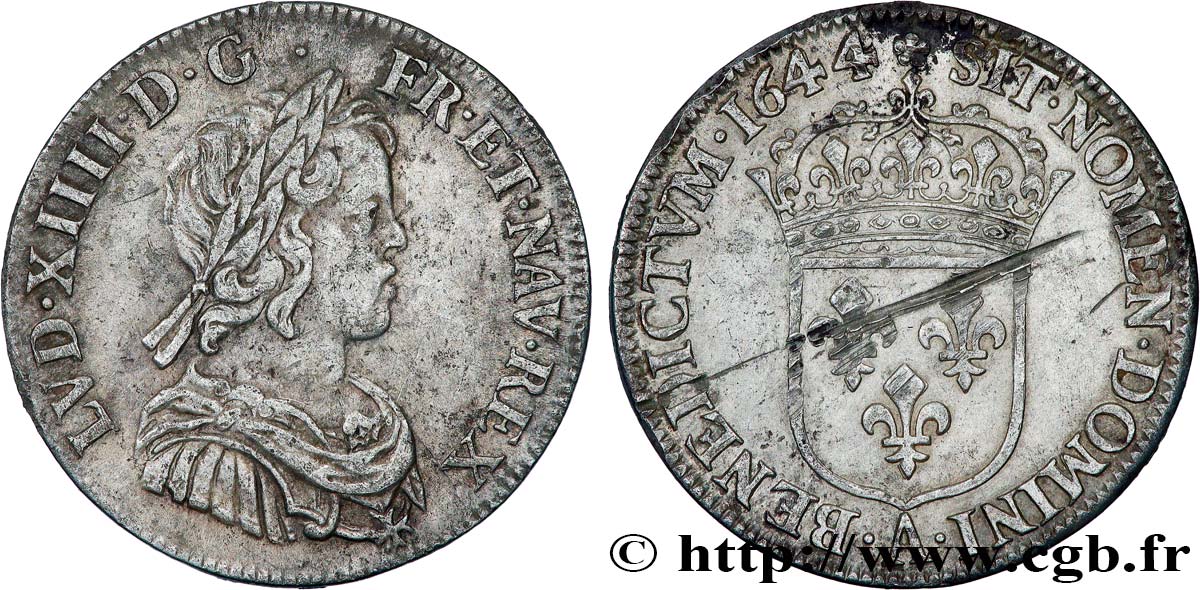 LOUIS XIV LE GRAND OU LE ROI SOLEIL Quart d écu, portrait à la mèche courte 1644 Paris, Monnaie de Matignon TTB+
