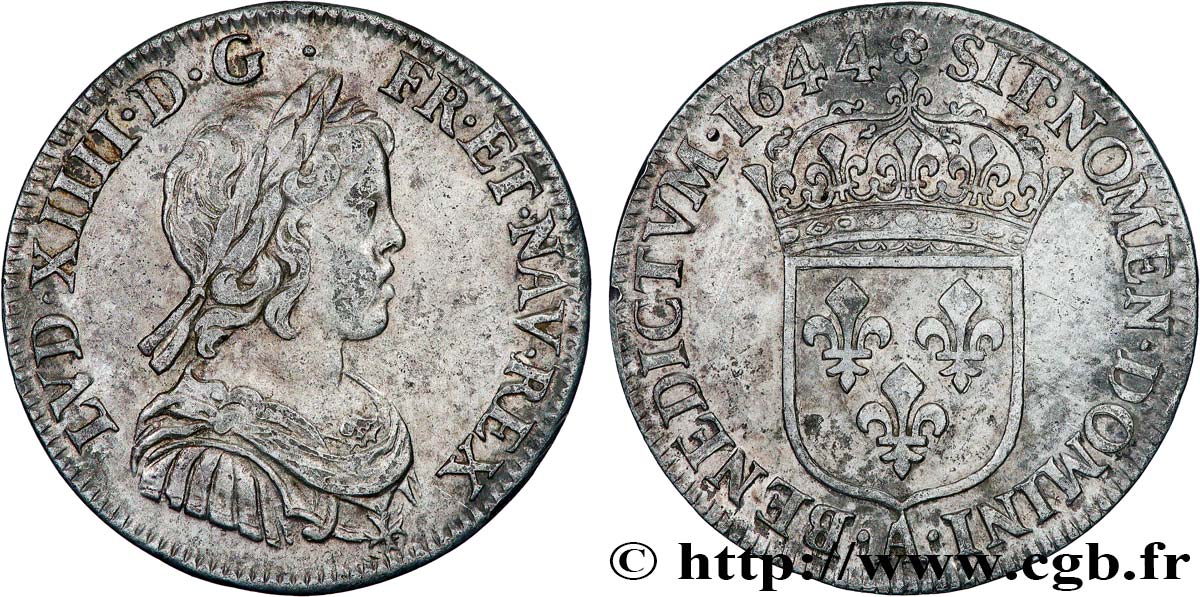LOUIS XIV  THE SUN KING  Quart d écu, portrait à la mèche courte 1644 Paris, Monnaie de Matignon fVZ