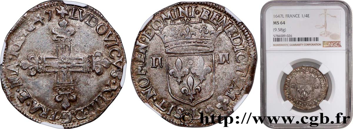 LOUIS XIV  THE SUN KING  Quart d écu, titulature côté croix 1647 Bayonne MS64