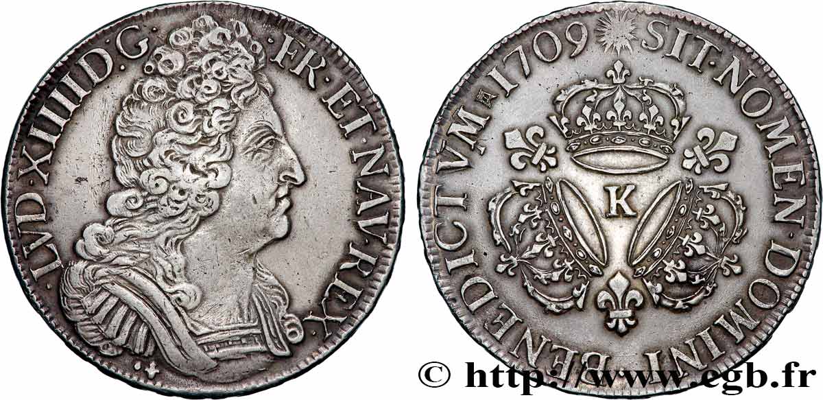 LOUIS XIV  THE SUN KING  Écu aux trois couronnes 1709 Bordeaux XF/AU