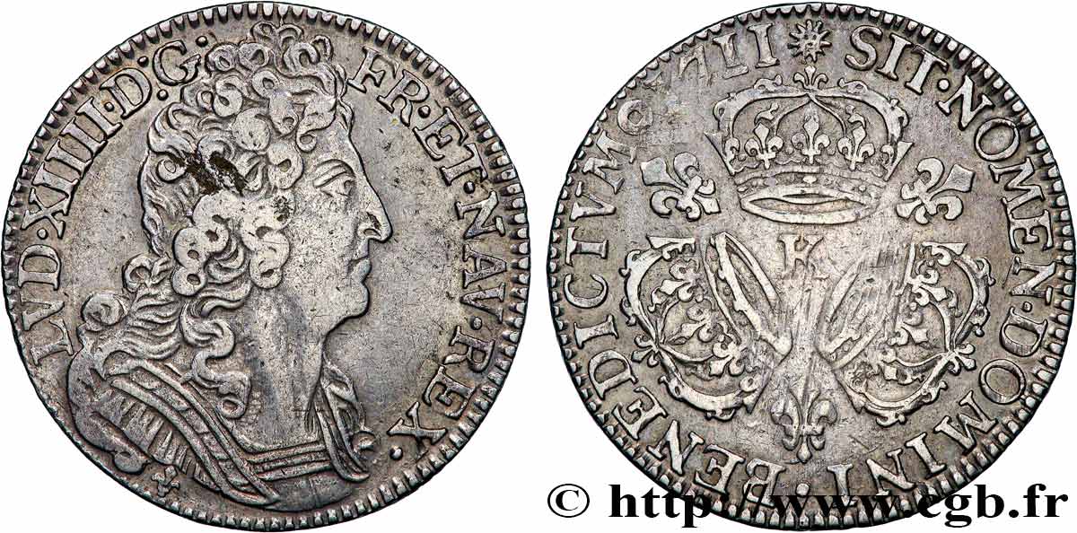 LOUIS XIV  THE SUN KING  Quart d écu aux trois couronnes 1711 Bordeaux XF