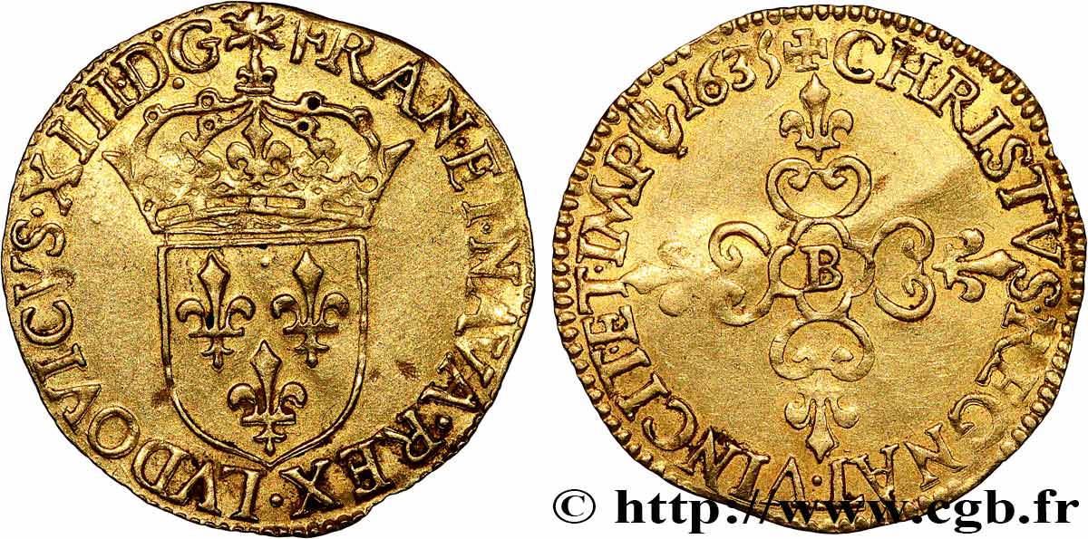 LOUIS XIII Écu d or au soleil, à la croix anillée fleurdelisée 1635 Rouen AU