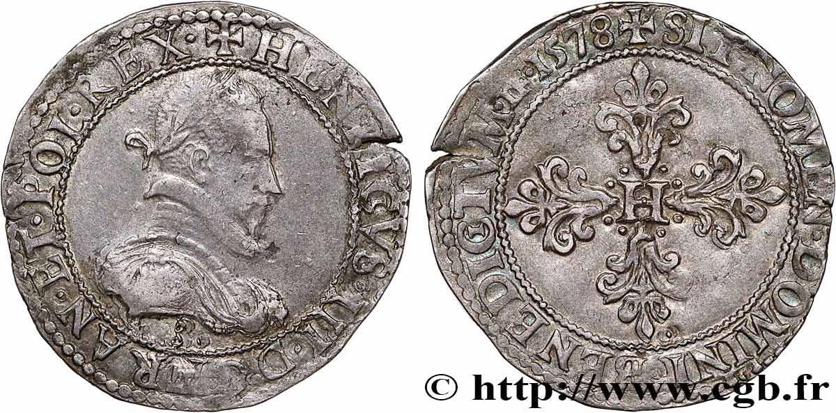 HENRY III Demi-franc au col plat 1578 Troyes XF/AU