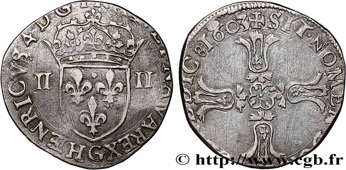 HENRY IV Quart d écu, croix bâtonnée et fleurdelisée de face 1603 Poitiers q.SPL/BB