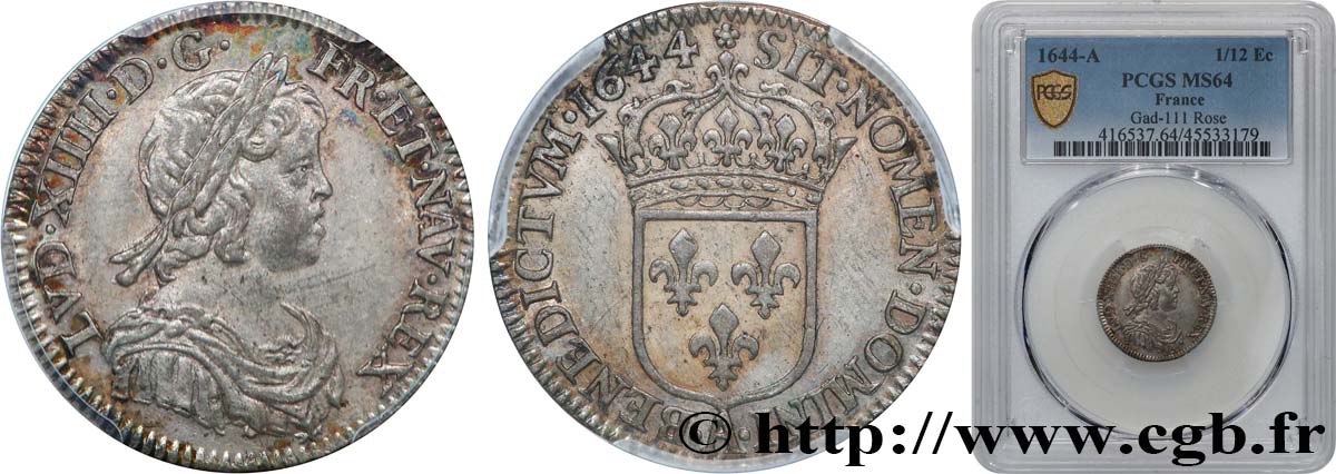 LOUIS XIV LE GRAND OU LE ROI SOLEIL Douzième d écu, portrait à la mèche courte 1644 Paris, Monnaie de Matignon SPL64