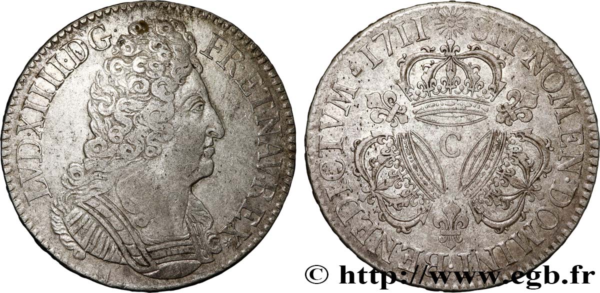 LOUIS XIV  THE SUN KING  Écu aux trois couronnes 1711 Caen XF/AU