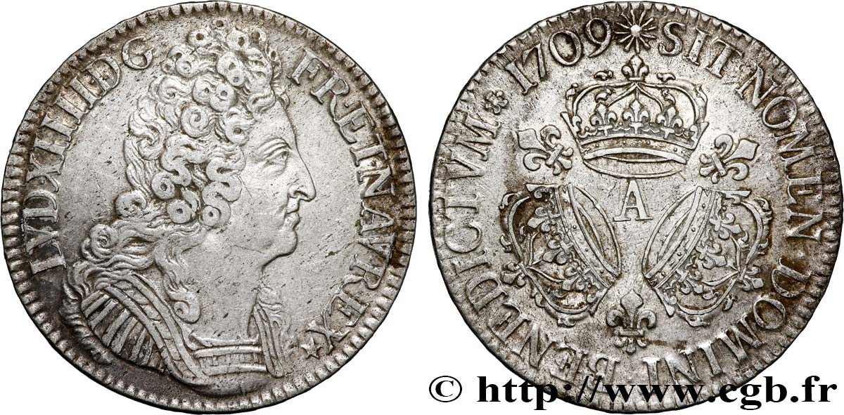 LOUIS XIV  THE SUN KING  Écu aux trois couronnes 1709 Paris q.SPL
