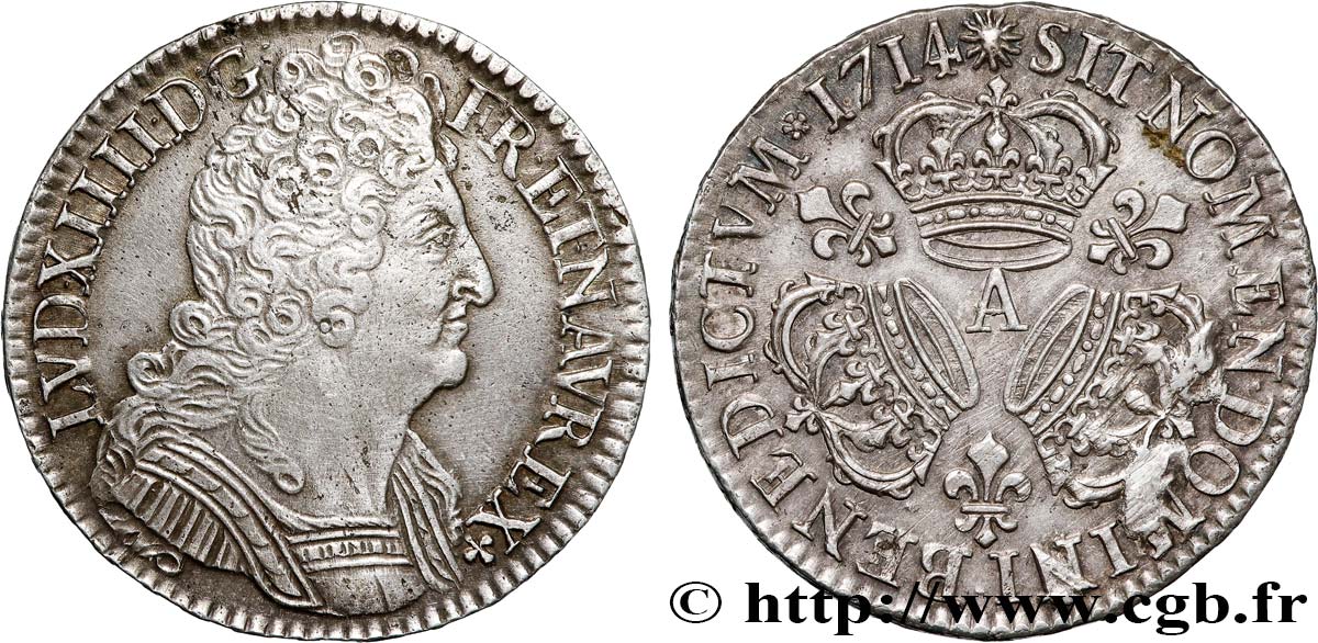 LOUIS XIV  THE SUN KING  Demi-écu aux trois couronnes 1714 Paris EBC