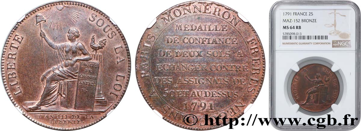 REVOLUTION COINAGE / CONFIANCE (MONNAIES DE…) Monneron de 2 sols à la Liberté 1791 Birmingham, Soho MS64