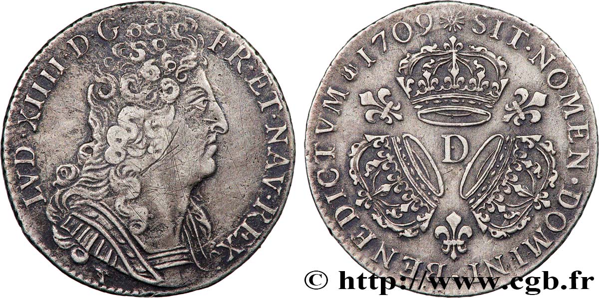LOUIS XIV  THE SUN KING  Quart d écu aux trois couronnes 1709 Lyon XF/AU