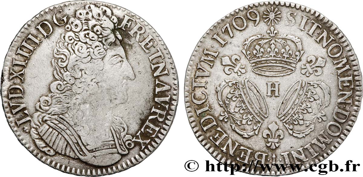 LOUIS XIV  THE SUN KING  Écu aux trois couronnes 1709 La Rochelle XF/AU