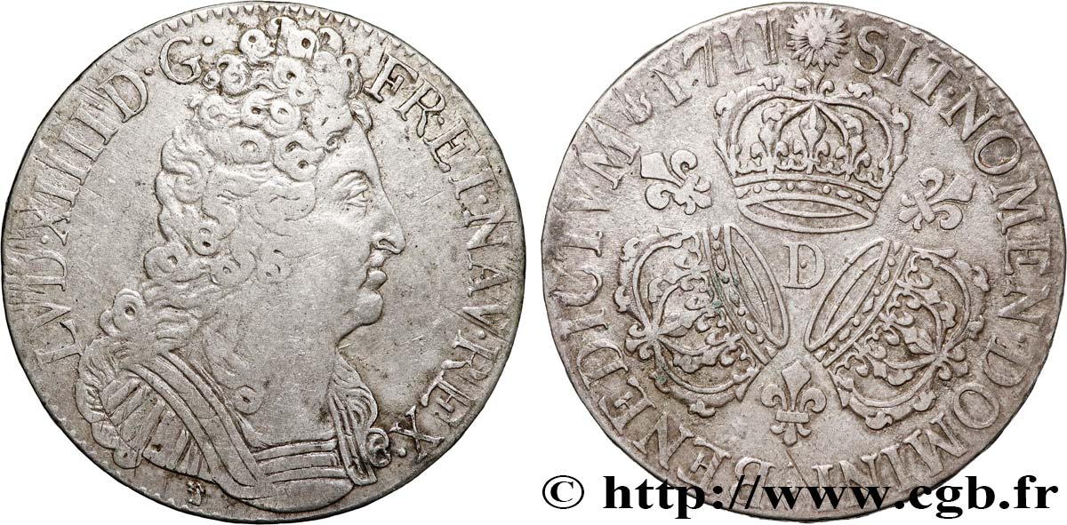 LOUIS XIV  THE SUN KING  Écu aux trois couronnes 1711 Lyon BB