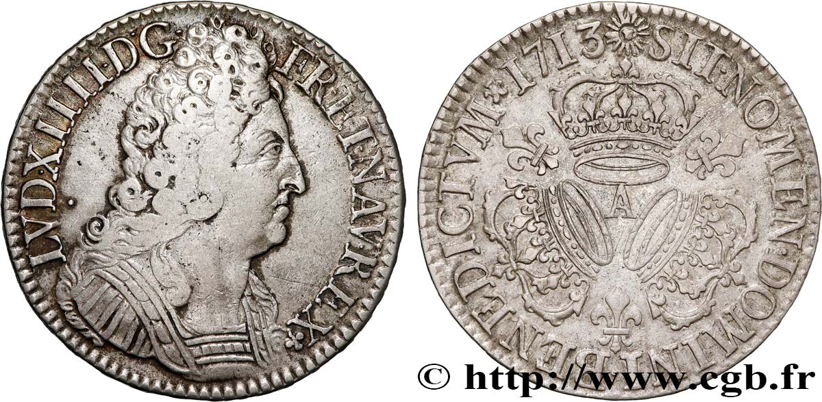 LOUIS XIV  THE SUN KING  Écu aux trois couronnes 1713 Paris VF/AU