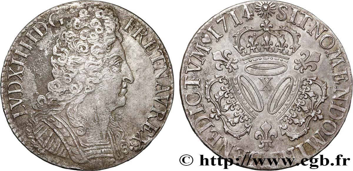 LOUIS XIV  THE SUN KING  Écu aux trois couronnes 1714 Amiens BB/q.SPL