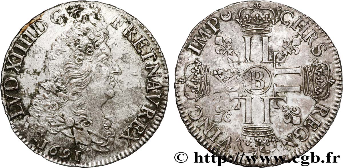 LOUIS XIV  THE SUN KING  Demi-écu aux huit L, 1er type 1691 Rouen SPL/BB