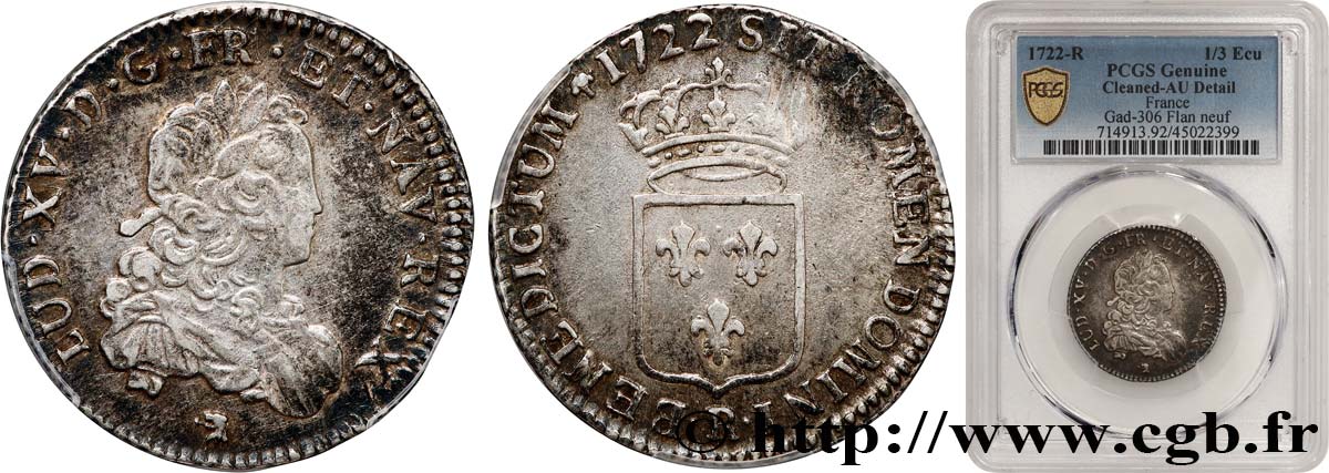 LOUIS XV THE BELOVED Tiers d écu de France 1722 Orléans AU