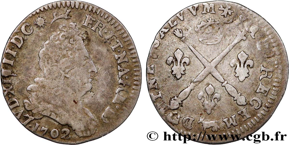 LOUIS XIV  THE SUN KING  Cinq sols aux insignes 1702 Pau fSS
