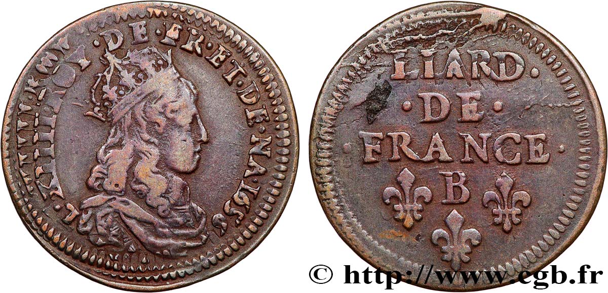 LOUIS XIV  THE SUN KING  Liard de cuivre, 2e type 1656 Pont-de-l’Arche XF