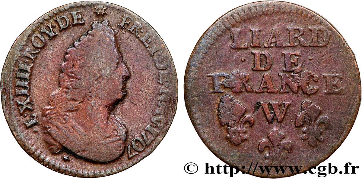 LOUIS XIV LE GRAND OU LE ROI SOLEIL Liard, 3e type, buste âgé 1707 Lille TB/TB+