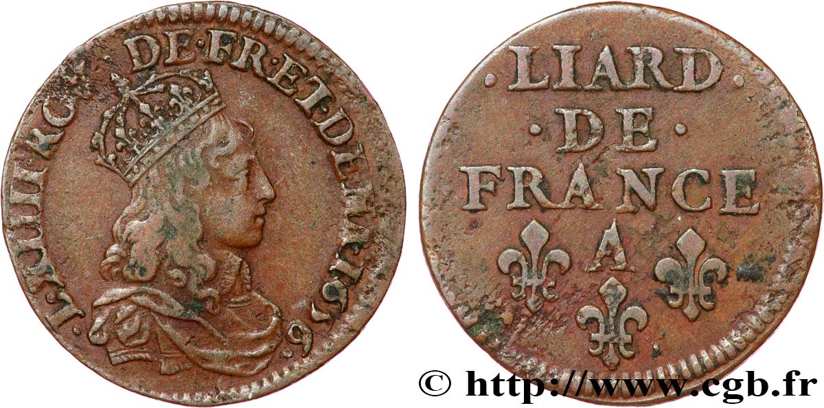 LOUIS XIV LE GRAND OU LE ROI SOLEIL Liard de cuivre, 2e type 1656 Corbeil TTB