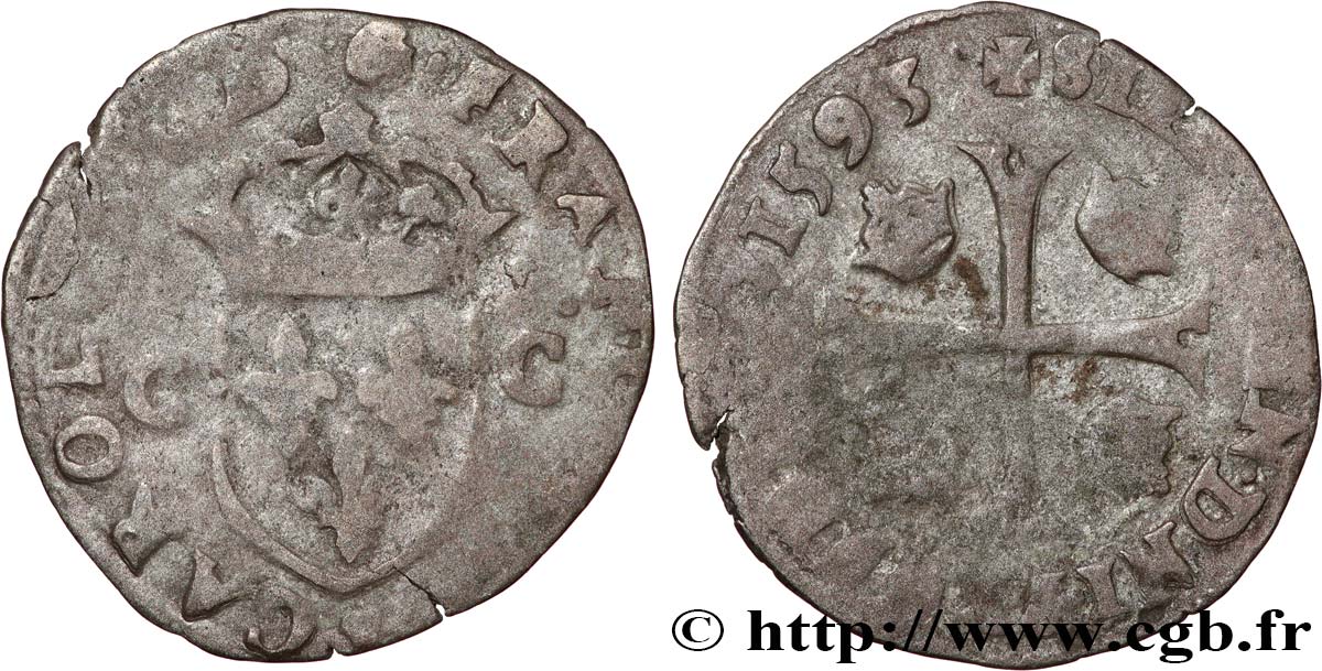 CHARLES X, CARDINAL DE BOURBON Douzain aux deux C, 1er type 1593 Troyes TB