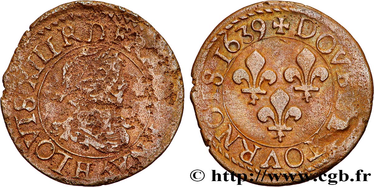 LOUIS XIII LE JUSTE Double tournois, type 14 1639 La Rochelle B+/TB+
