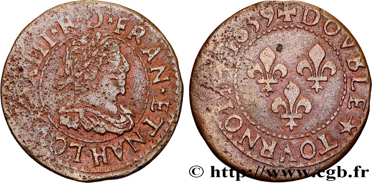 LOUIS XIII LE JUSTE Double tournois, type 14 1639 La Rochelle TB+